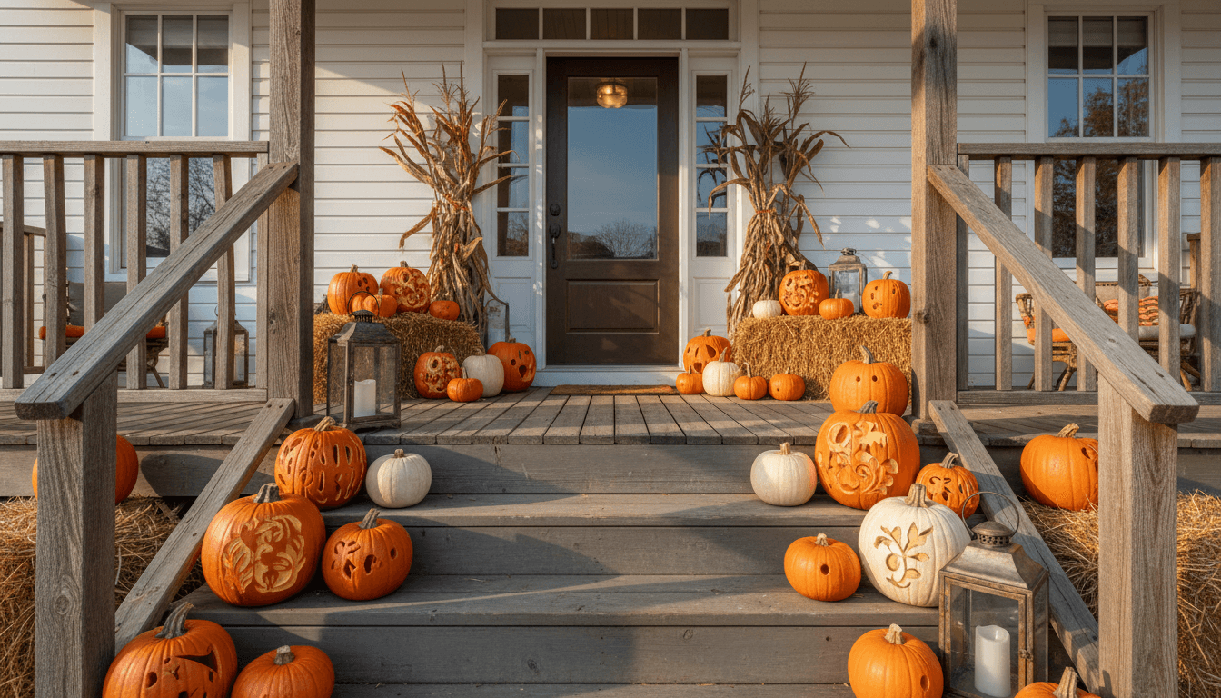 Cozy autumn porch decorated with pumpkins, gourds, and hay bales at a Houston home
