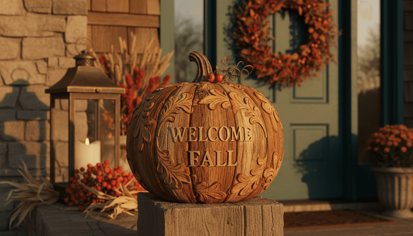 Front porch with a custom mix of pumpkins, gourds, and fall accents