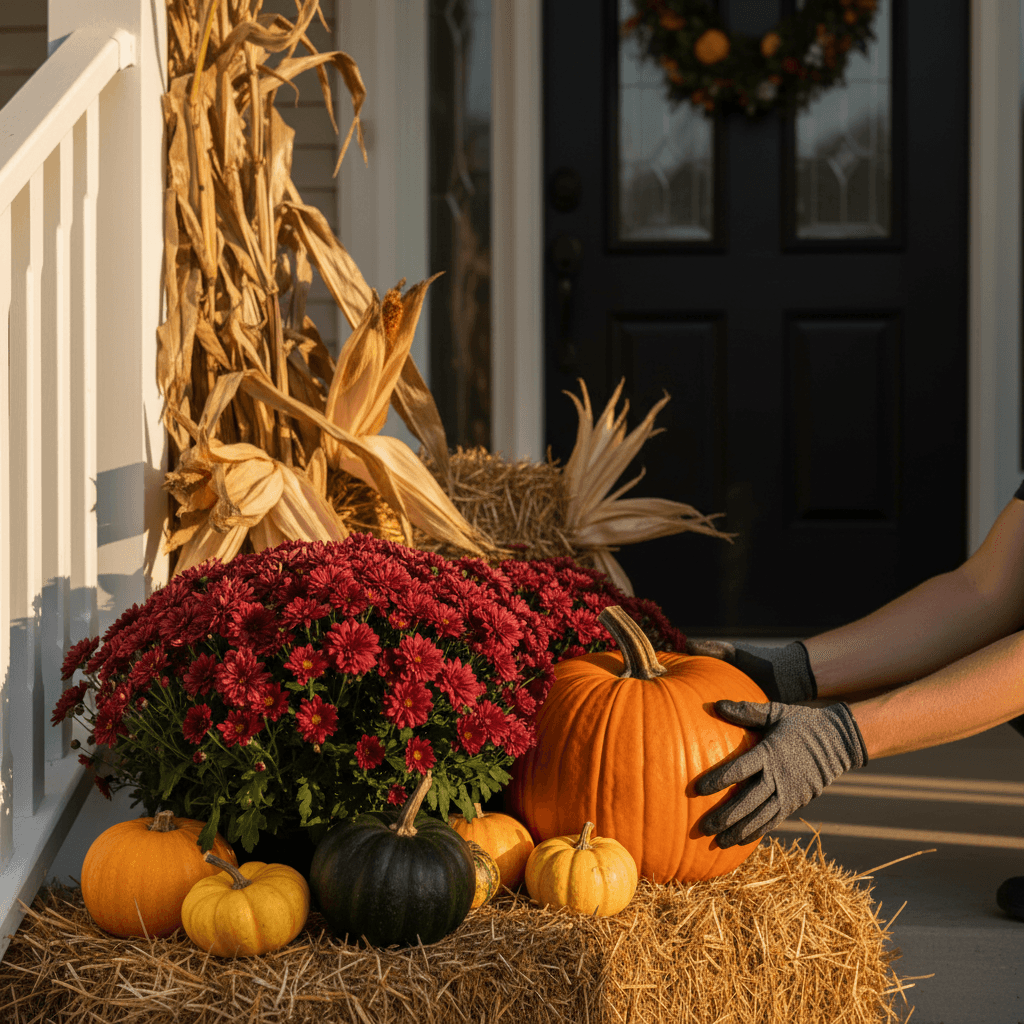 Hands arranging decorative pumpkins and mums on a residential porch in warm golden afternoon light