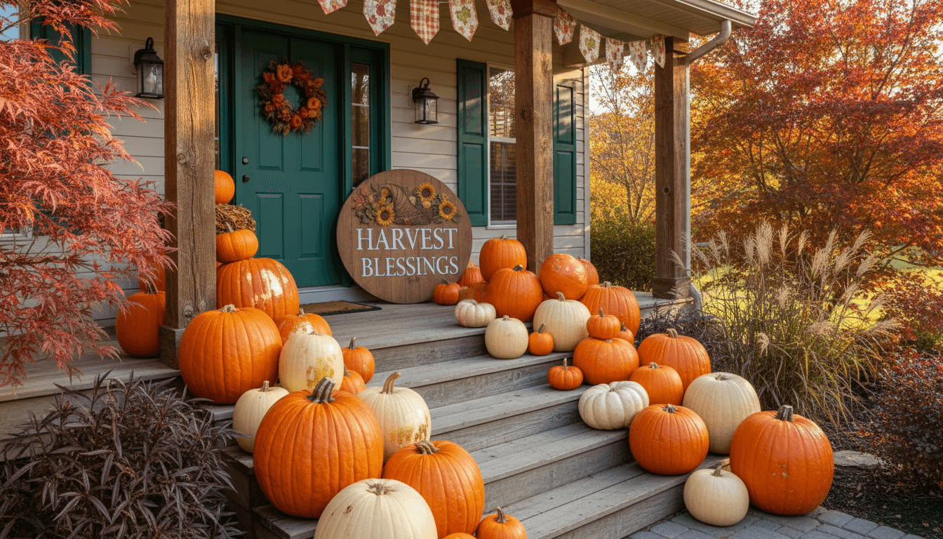 Beautifully arranged fall pumpkins and mums on a suburban porch in Houston